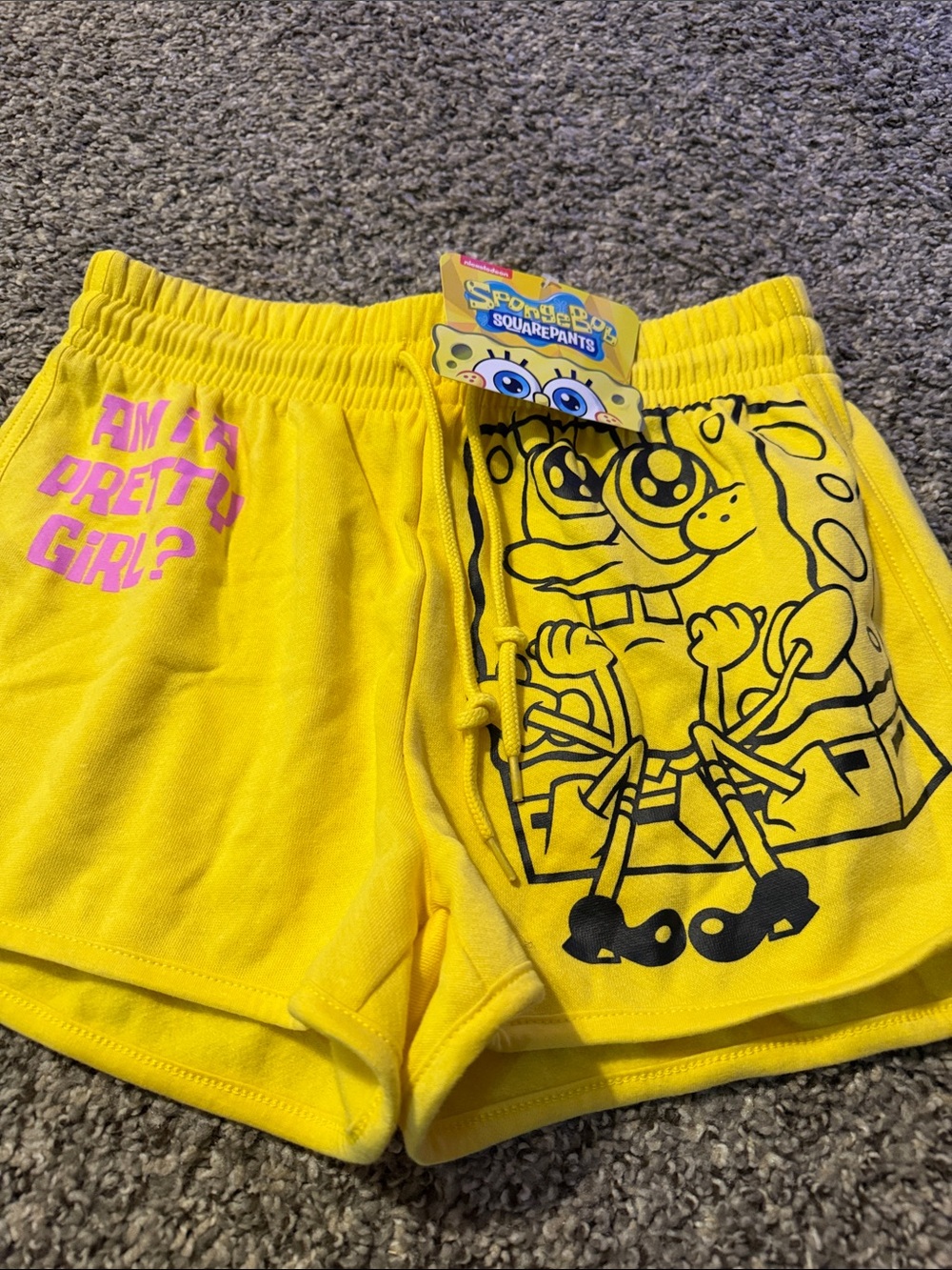 SpongeBob SquarePants Yellow Kids Shorts with Pink Text & Black Graphic